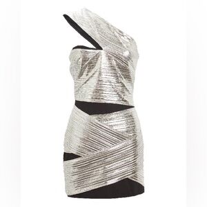 NWT David Koma Silver One Shoulder Lamé Mini Dress Size 6 UK / 2 US $1,460